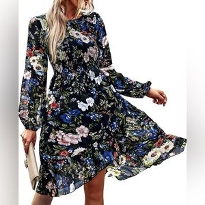 NWOT Black Floral Boho Long-Sleeve Dress, Size XL